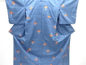 抽象草花模様織り出し手織り紬単衣着物